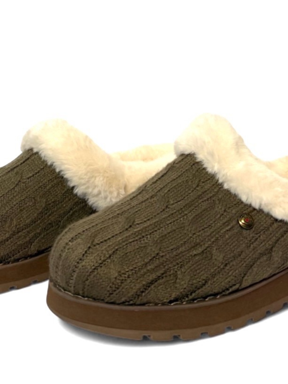 SKECHERS BOBS Women's Green Cable Knit Faux Fur Lined Mule Slippers US Size 8.5
